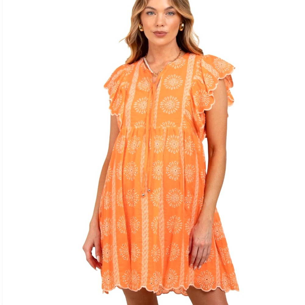 Eyelet Embroidery Babydoll Orange Maternity Dress Flatter‎ Sleeves Cotton Sz S